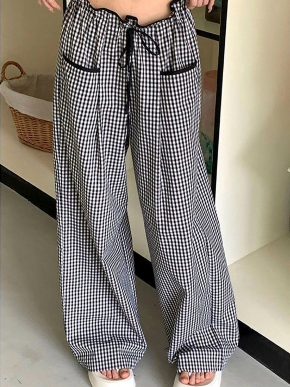 Black & White Gingham Wide Leg Drawstring Pants